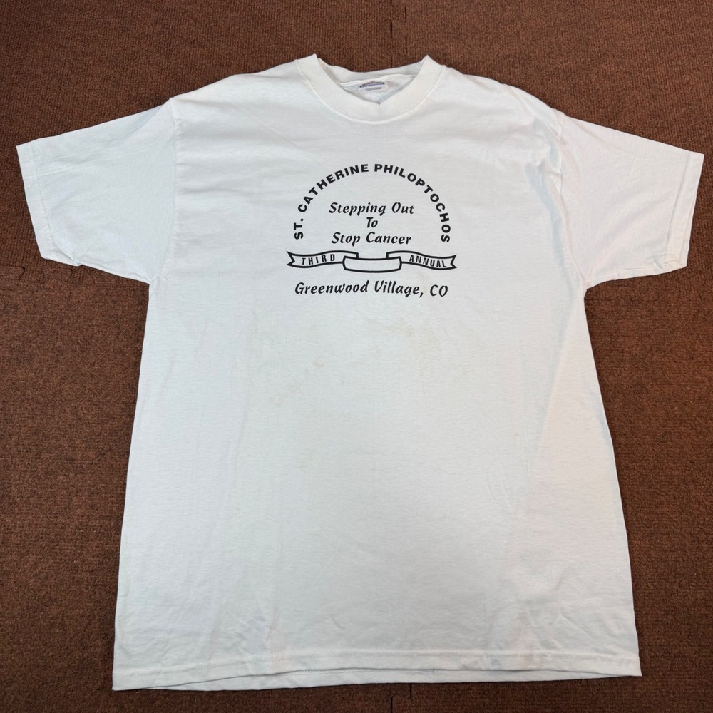 Hanes St Catherine Philoptochos Stop Cancer T-Shirt Mens Large White Graphic Tee